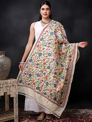 Cloud-Cream Nakshi Kantha Dupatta With Multicolored Heavy Embroidered Flowers And Birds By Hand From Bengal