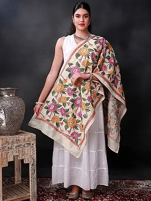 Cream Semi-Tussar Silk Kantha Stole With Multicolor Daisy Vine Embroidery From Bengal
