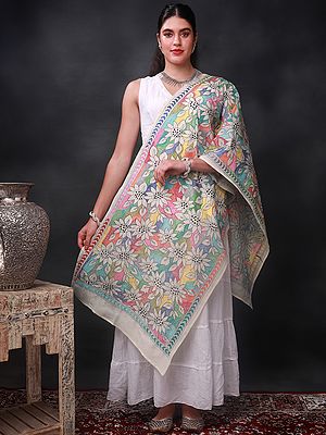 Pistachio-Shell Semi-Tussar Silk Multicolor Kantha Stole From Bengal With Reverse Sunflower Vine Embroidery
