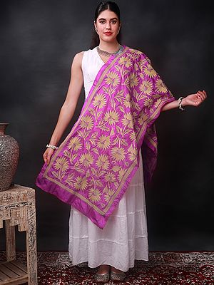 Festival-Fuschia Cotton Semi-Silk Kantha Stole From Bengal With Cream Nakshi Floral Vine Embroidery