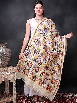 Italian-Straw Nakshi Kantha Dupatta With Multicolored Heavy Hand Embroidered Flowers And Birds From Bengal