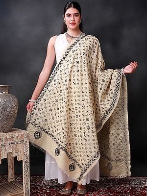 Lambs-Wool Nakshi Kantha Dupatta with Black Color Hand Embroidered Warli Inspired Motif