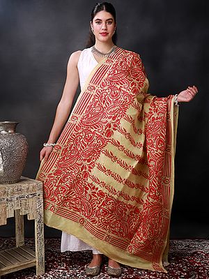 Golden-Apricot Nakshi Kantha Dupatta With Red Thread Heavy Hand Embroidered Floral-Paisley Butta From Bengal