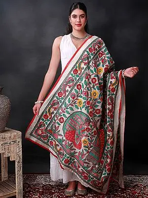 White-Asparagus Multicolor Women In Garden Embroidered Phulkari Painted Dupatta