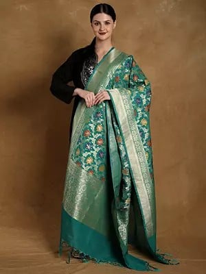 Brocade Banarasi Extra-Wide Dupatta with Woven Rose Meena Motif and Floral Zari Border