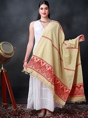 Beige Pure Cotton Dupatta With Red Parrot-Chakra Thread Work On Border