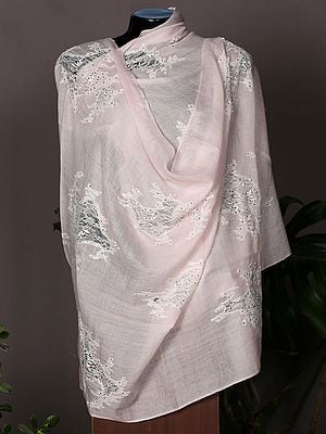 Rose-Pink Pashmina Stole From Nepal With All Over Beautiful Lace Patch Design