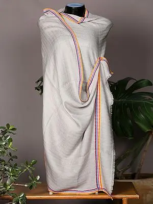 Taupe Herringbone Weave Pashmina Stole from Nepal with Multicolor Border