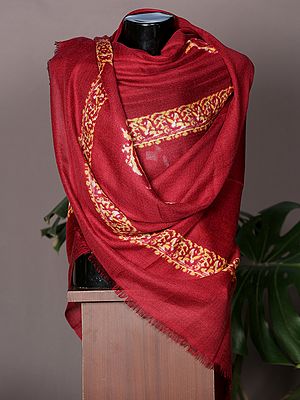 Rosewood Plain Pashmina Stole From Nepal With Yellow Woven Border Design