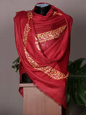 Rosewood Plain Pashmina Stole from Nepal with Yellow Woven Border Design