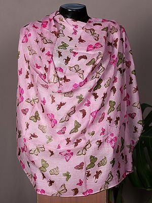 Pink Pashmina Stole from Nepal with Beautiful Butterfly Print