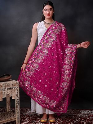 Phulkari Dupatta from Punjab with Multicolor Wedding Procession Embroidered Motif and Bead-Mirror Work