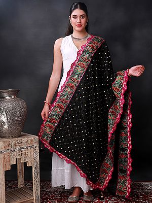 Phulkari Dupatta from Punjab with Multicolor Pair of Peacock Embroidered Motif and Bead-Mirror Work