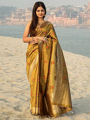 Banarasi Handloom Linen Silk Saree With Poppy Floral Motif On The Body And Rhombus Pattern Broad Border