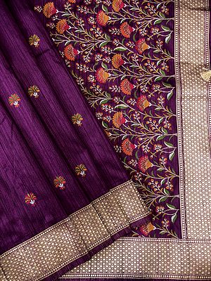 Purple-Potion Banarasi Linen Silk Saree With Floral Butti And Bail Motif On Pallu