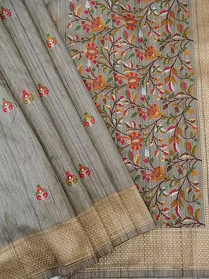 Wild-Dove Handloom Banarasi Linen Silk Saree with Meena Floral Butti Motif and Zari Work Border