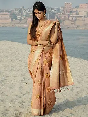 Tropical-Peach Linen Silk Mughal Flower Motif Handloom Banarasi Saree with Zari Border