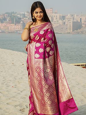 Banarasi Handloom Semi-Silk Saree With All Over Zari Brocaded Butta