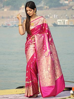 Banarasi Semi-Silk Handloom Saree With All-Over Floral-Club Motif And Bail Butta Pattern On Border