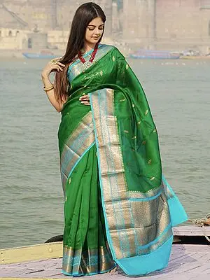 Verdant-Green Pure Organza Silk Handloom Banarasi Saree with Jhallar Motif and Broad Border