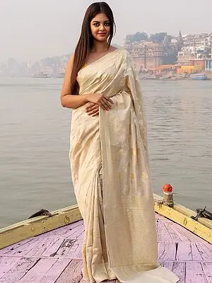 White-Smoke Banarasi Munga Silk Handloom Saree with Floral Butta Pattern and Broad Border