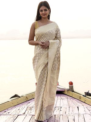 Vapor-Blue Munga Silk Banarasi Handloom Saree With Zari Butta Pattern And Broad Border