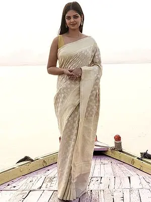 Vapor-Blue Munga Silk Banarasi Handloom Saree with Zari Butta Pattern and Broad Border