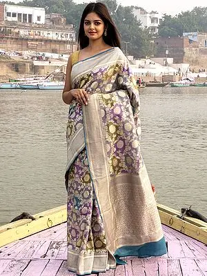 Multicolor Pure Munga Silk Bold Vine Motif Handloom Banarasi Saree with Zari Butta Pallu