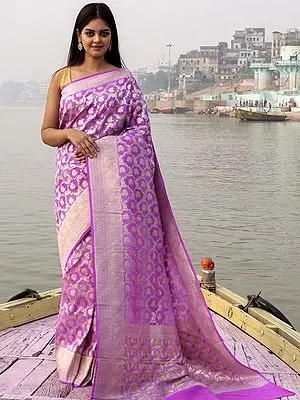 Radiant-Orchid Pure Munga Silk Paisley Bail Motif Banarasi Handloom Saree with Leaf Pattern Border