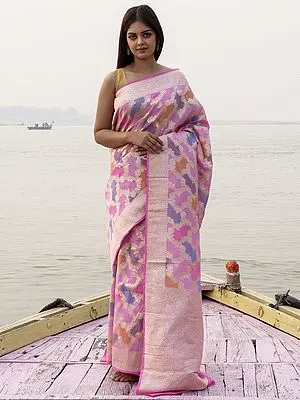 Multicolor Pure Munga Handloom Banarasi Saree with Composite Repeat Pattern and Vine Motif Border
