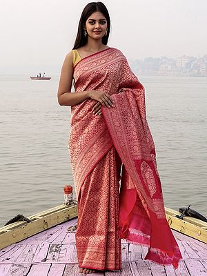 Poppy-Red Katan Silk Handloom Banarasi Saree With All-Over Brocade Floral Vine Pattern And Mughal Butta Pallu