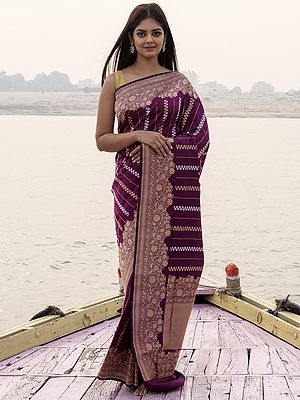 Magenta-Purple Katan Kadwa Alfi Sona-Rupa Silk Stripes Vine Pattern Handloom Banarasi Saree With Kadiyal Border