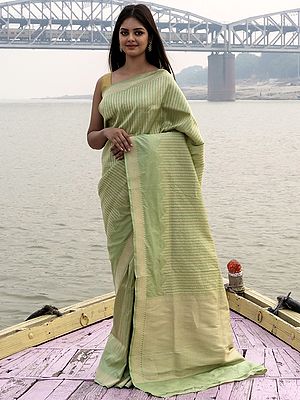Laurel-Green Katan Patola Silk Pinstripe Pattern Banarasi Handloom Saree With Chevron Zari Motif On Pallu