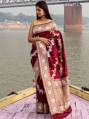 Red-Bud Katan Kadwa Alfi Jangla Silk Vine Motif Banarasi Handloom Saree With All-Over Zari Work