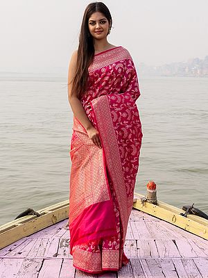 Fuchsia Katan Patola Alfi Silk Handloom Banarasi Saree With All-Over Woven Floral And Zari Weave