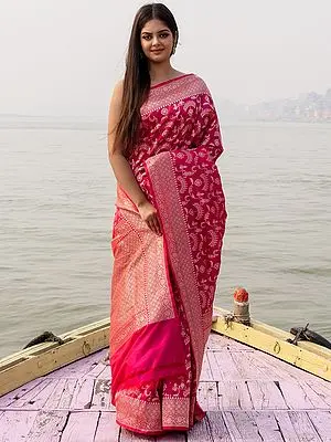 Fuchsia Katan Patola Alfi Silk Handloom Banarasi Saree with Woven Floral and Zari Weave