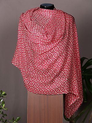 Coral-Pink Pashmina Stole From Nepal With Arabesque Pattern Weave