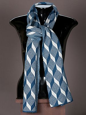 Blue and White Woollen Scarf from Nepal with All Over Cube Knitted Pattern