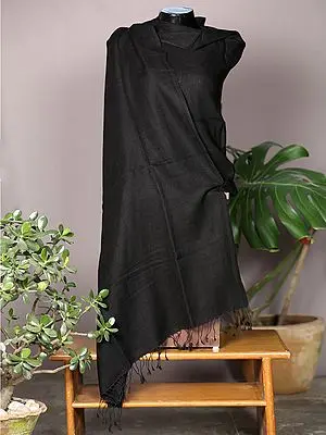 Jet Black Plain Pashmina Shawl from Nepal with Fringe