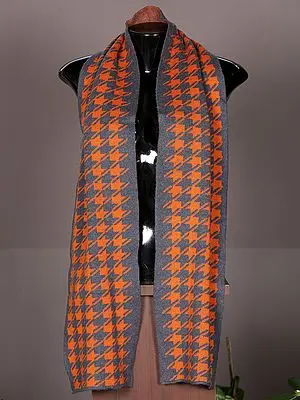 Gray-Orange Woolen Scarf from Nepal with Herringbone Weave Pattern