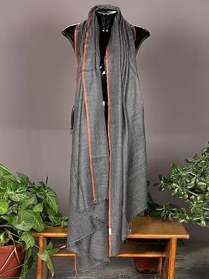 Steel-Gray Plain Pashimna Men's Dushala (Lohi) From Nepal With Contrast Orange Border