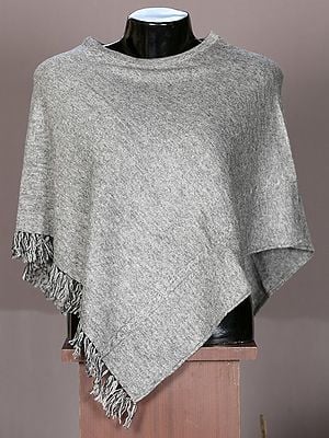 Light Gray Plain Pashmina Poncho From Nepal For Kids Under 6 to 8 Year With Fringe