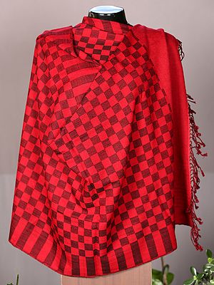 Rose-Red Pashmina Stole from Nepal with Over Checkerboard Pattern and Fringe