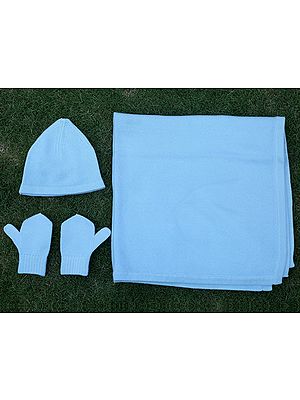 Sky-Blue Pashmina Blanket Set From Nepal With Cap And Gloves