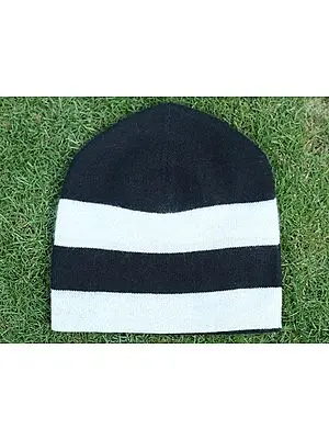 Black and White Knitted Pure Wool Beanie Cap from Nepal for Women