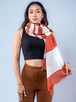 Rust and White Broad Stripe Printed Pashmina Stole from Nepal