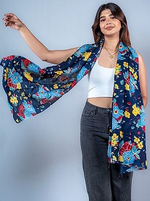 Navy-Blue Multicolor Floral Printed Pashmina Stole from Nepal