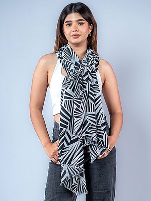 Black And White Pashmina Stole With Abstract Printed Lines From Nepal