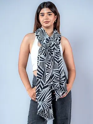 Black and White Pashmina Stole with Abstract Printed Lines from Nepal