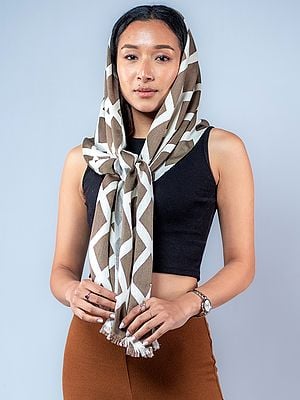 Brown and White Diagonal Printed Check Pashmina Scarf from Nepal